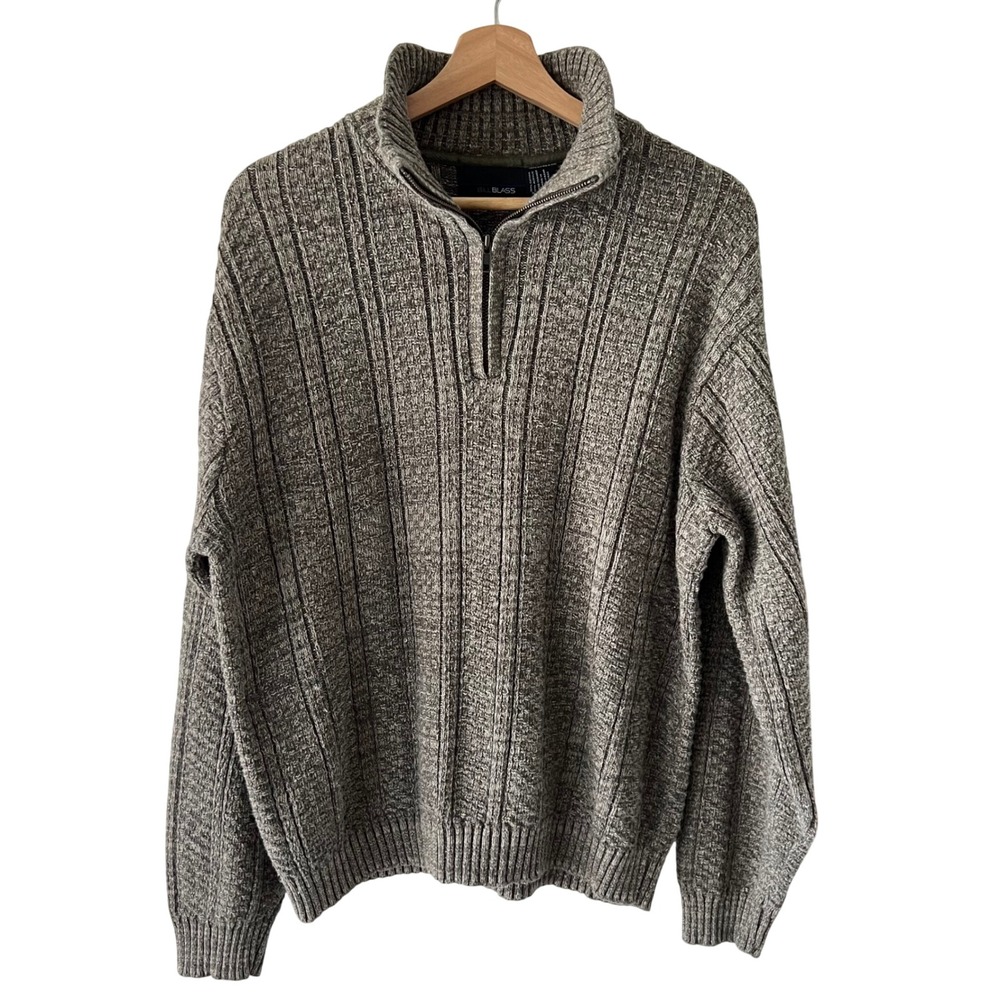 Bill‎ Blass Y2K Quarter Zip Sweater Mens L Olive Green Marl Ribbed Cotton Knit